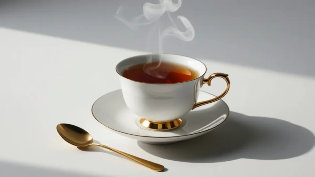 Una taza de té blanco sobre una mesa clara con luz natural lateral y sombras suaves
