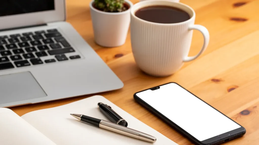 Celular en una mesa de madera junto a una taza de café y un cuaderno abierto