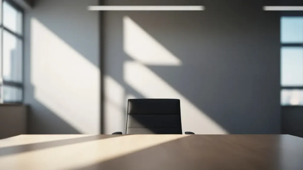 Una mesa de trabajo gris minimalista con sombras geométricas marcadas de luz natural