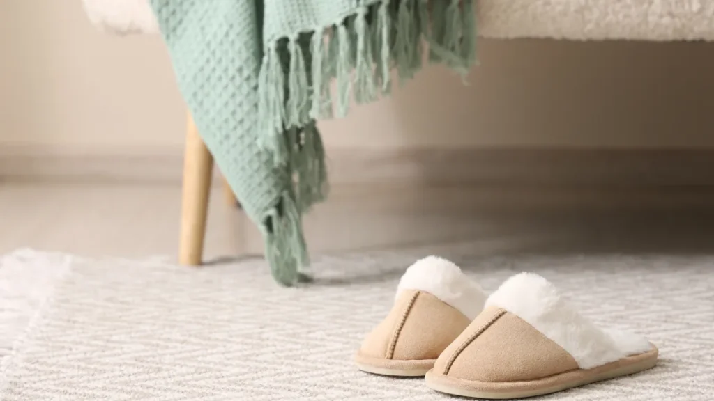 Un ritual matinal con pantuflas cómodas al lado de una cama iluminada por la luz suave