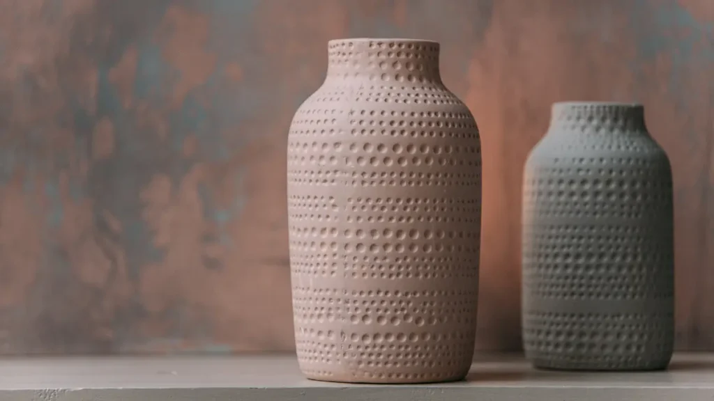 Un jarrón de cerámica terracota vacío sobre una mesa de madera con sombras suaves de la tarde