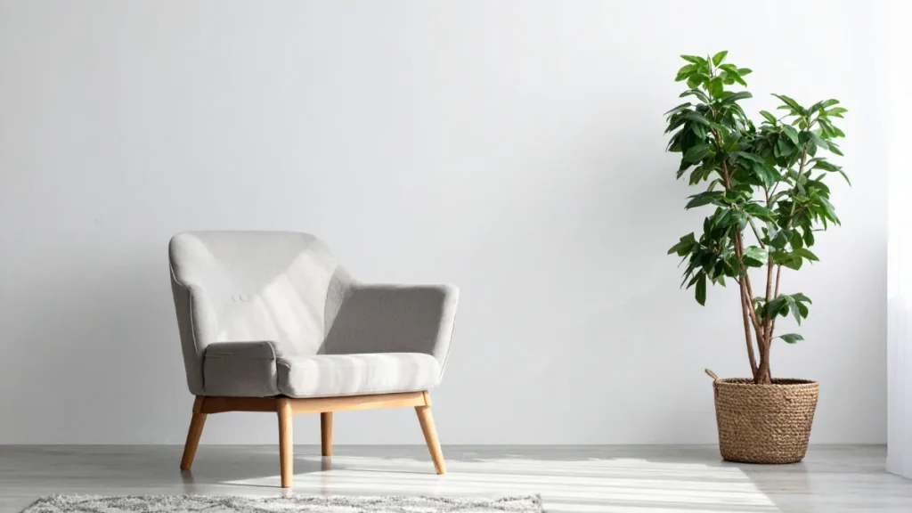 Una poltrona de diseño claro junto a una planta verde en una habitación minimalista e iluminada