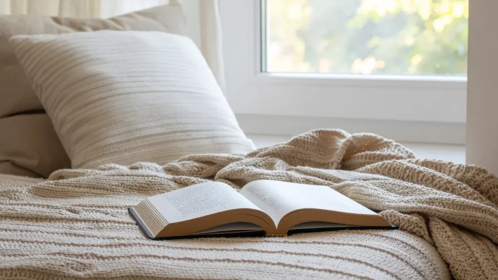 Un libro abierto sobre una cama con mantas claras y luz natural suave de una ventana