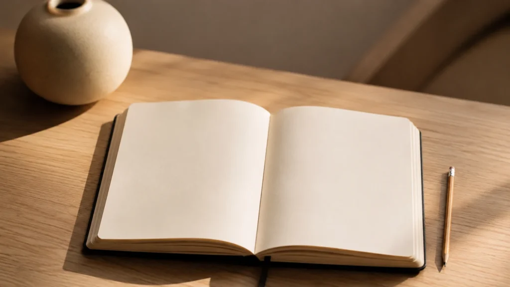 Un cuaderno abierto con páginas en blanco y un lápiz sobre una mesa de madera clara iluminada por luz natural suave