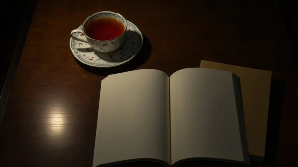 Un cuaderno abierto y una taza de té iluminados por luz suave en una mesa oscura de noche