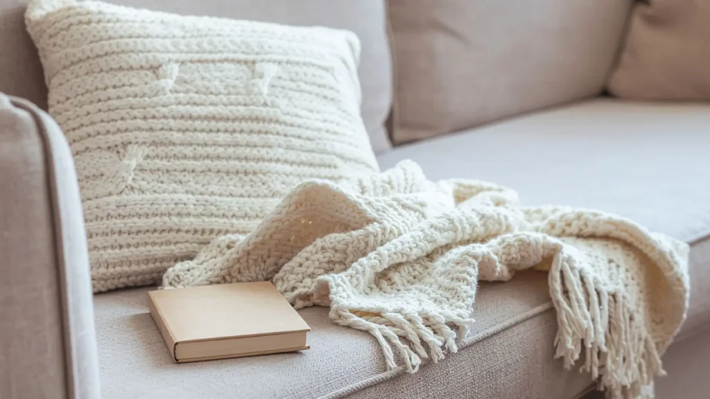 Sofá minimalista en tonos beige con una manta tejida y un libro cerrado, representando el descanso analógico y la desconexión mental.