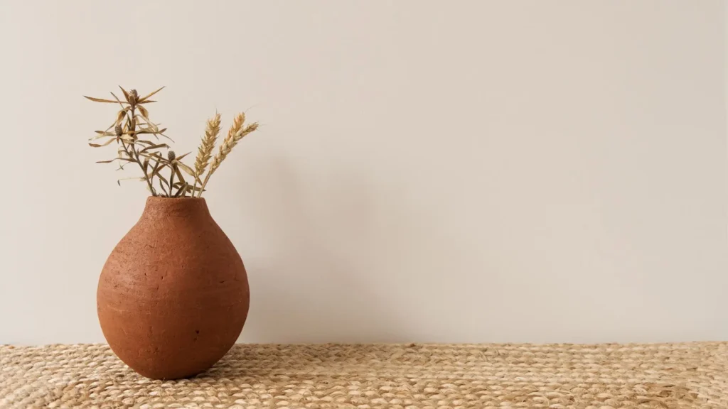 Pequeño jarrón de cerámica rústica con flores secas sobre un fondo beige, representando la simplicidad y el equilibrio mental.