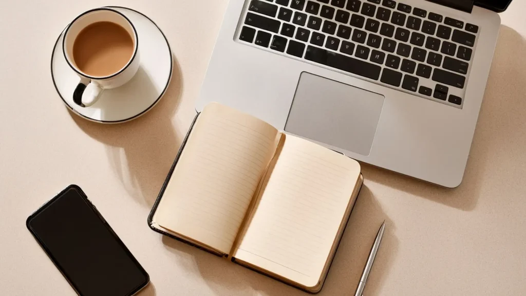 Vista superior de un escritorio minimalista con un cuaderno abierto, café y laptop, representando la organización mental y el alivio de la fatiga decisoria.