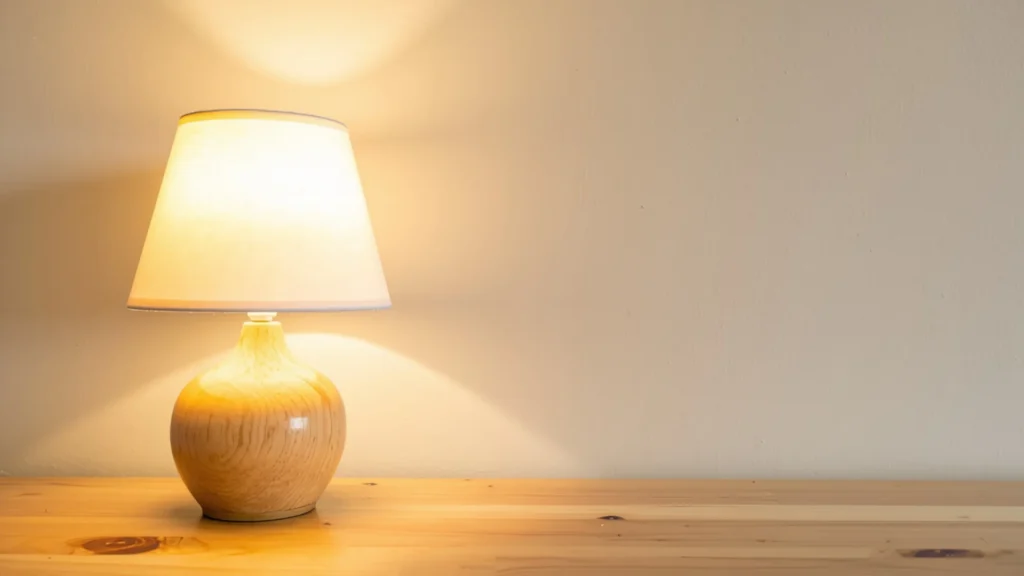 Una lámpara de cerámica minimalista encendida con luz cálida sobre una mesa de madera