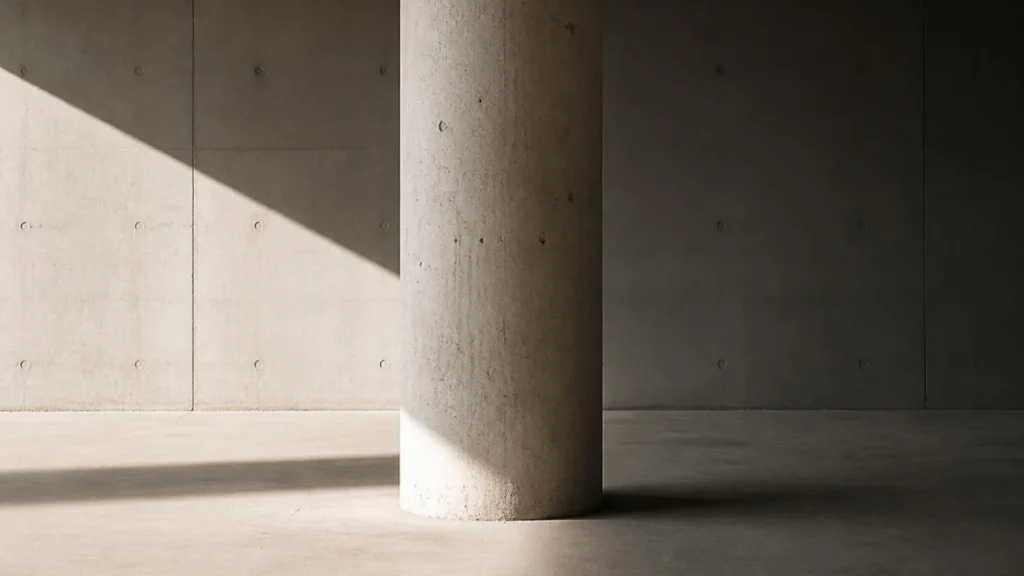 Una columna cilíndrica de concreto en un espacio minimalista iluminado por luz natural con sombras diagonales marcadas