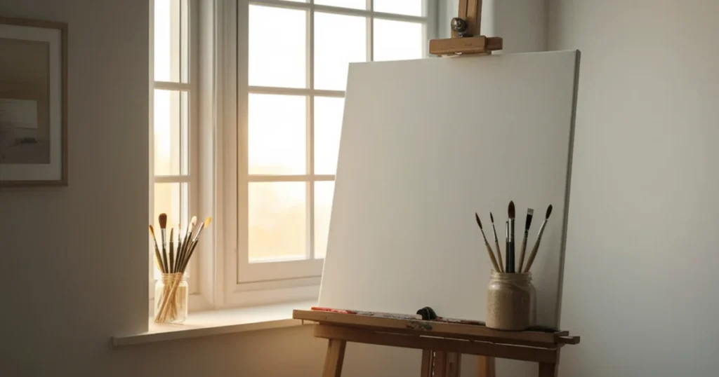 Lienzo en blanco sobre un caballete de madera junto a una ventana con luz solar, simbolizando un espacio libre de juicios para comenzar.