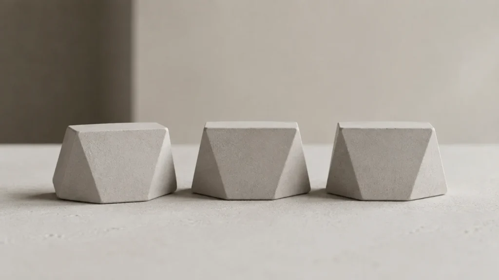 Tres bloques geométricos de concreto gris alineados en serie sobre una superficie clara con fondo neutro