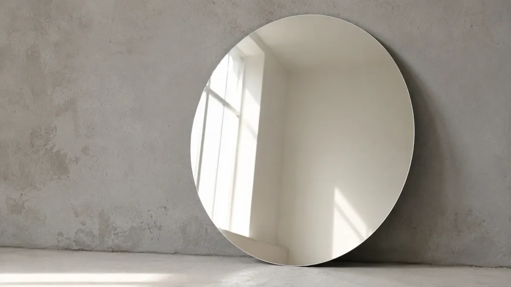 Un espejo redondo grande y minimalista apoyado en una pared de concreto gris reflejando la luz natural de una ventana