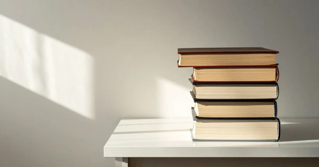 Pila de libros en tonos neutros sobre un escritorio de madera, representando la acumulación de preparación y la procrastinación por perfeccionismo.