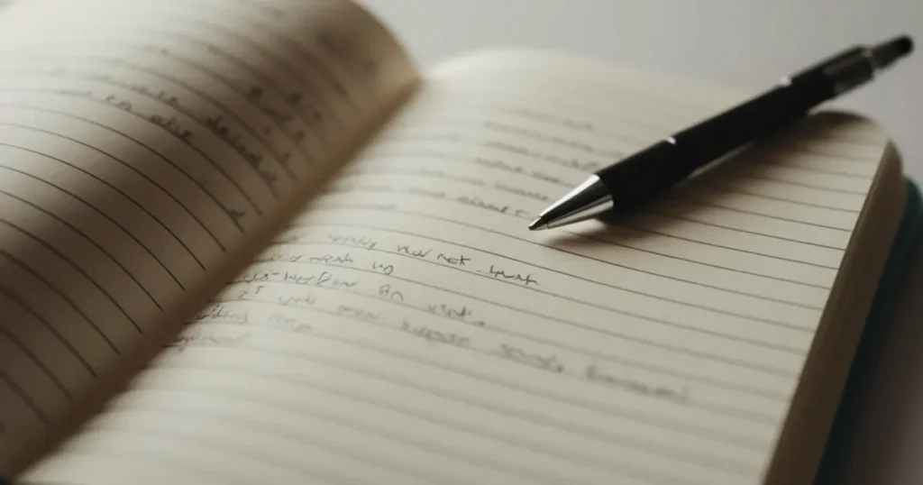 Cuaderno abierto con una pluma, representando la idea de anotar una pendiente sin cambiar de tarea inmediatamente
