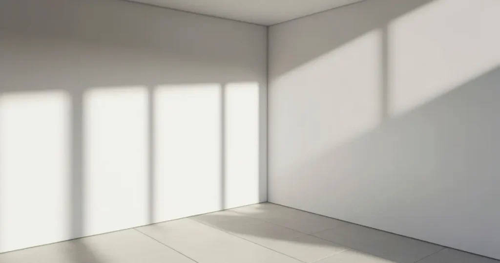 Espacio interior minimalista con luz suave y pocos elementos, simbolizando pausa y menor competencia por la atención