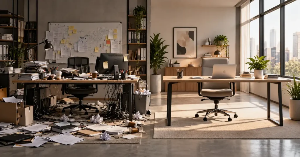 Dos espacios de trabajo contrastantes, uno organizado y otro desordenado